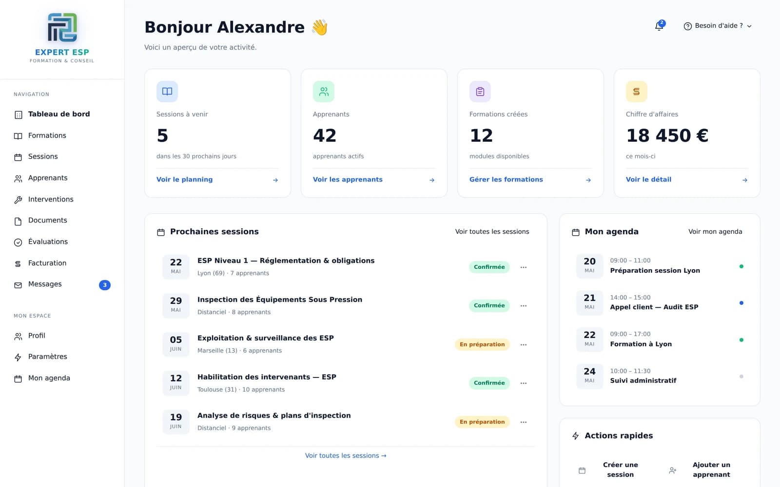 Espace HQ admin AM Formatech — tableau de bord sessions, apprenants et formations ESP