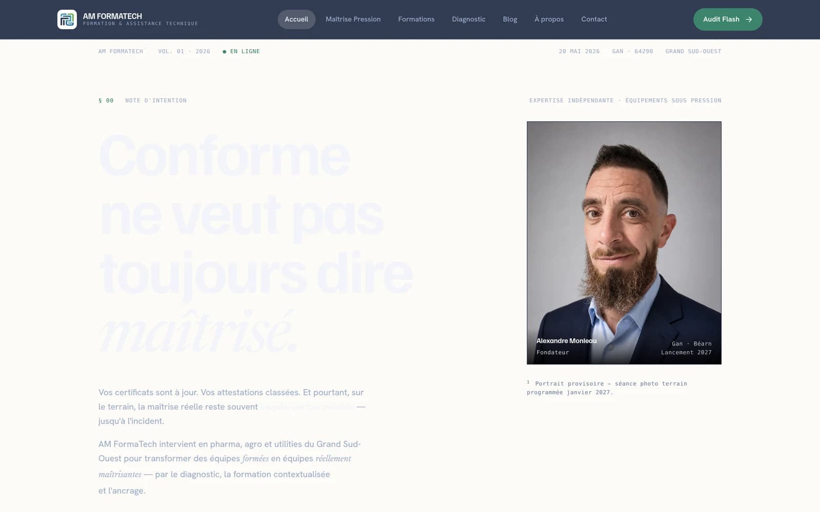 Site AM Formatech — hero éditorial « Conforme ne veut pas toujours dire maîtrisé »