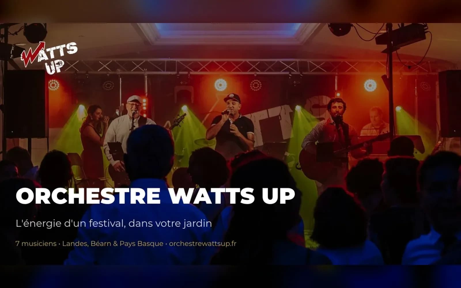 Site Orchestre Watts Up — hero plein écran avec photo de concert